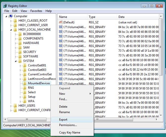 Export MountedDevices Registry Key