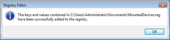 MountdDevices Registry Key Successfully Imported