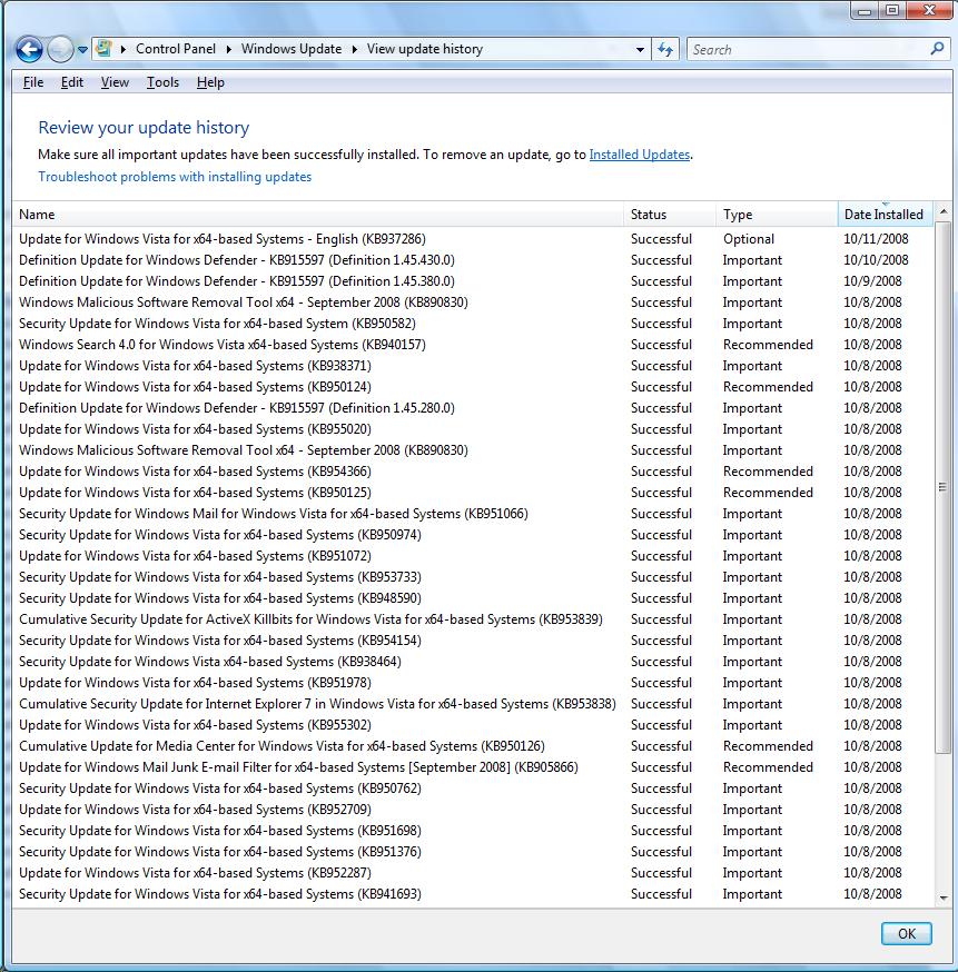 Installed Vista x64 Important Security Updates